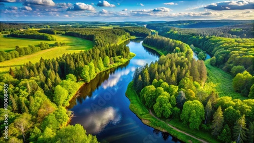 Serene Birds Eye View of Lush Green Forest with Meandering River Under Clear Blue Sky in Daylight