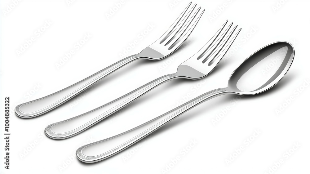 Three pieces of silverware, a fork, a spoon, and a knife Three pieces of silverware, a fork, a spoon, and a knife