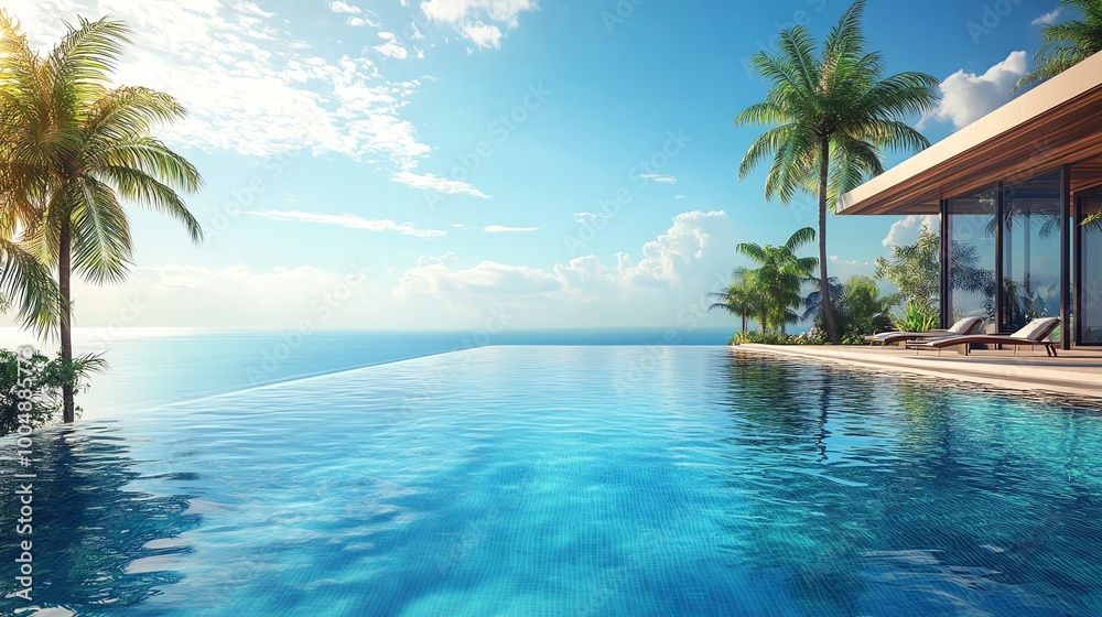 Fototapeta premium Infinity pool overlooking the ocean with palm trees and lounge chairs.