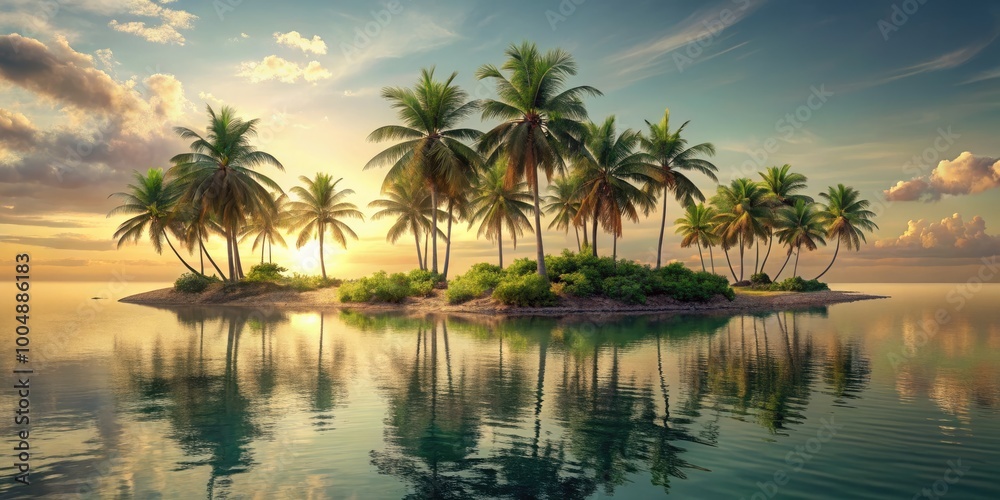 Serene Minimalist Tropical Island Sketch with Palm Trees and Calm Water in Soft Earthy Tones Serene Minimalist Tropical Island Sketch with Palm Trees and Calm Water in Soft Earthy Tones