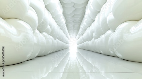 A long white tunnel with a light shining through it, AI