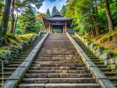 Serene Stone Stairs Leading to an Ancient Japanese Shrine in the Tranquil Countryside of Gunma