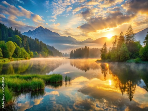 Serene Sunrise over Tranquil Lake with Misty Mountains and Lush Green Forests in the Background