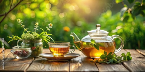 Serene Tea Time Setting with Teapot, Cups, and Fresh Herbs on a Wooden Table in Natural Light