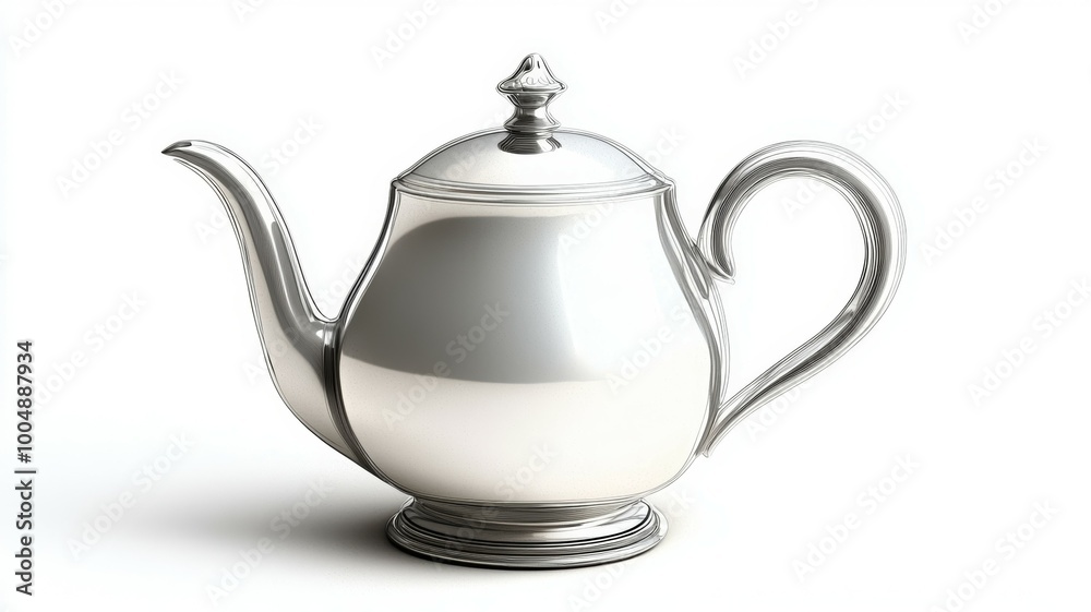 A silver tea pot with a silver lid sits on a white background A silver tea pot with a silver lid sits on a white background