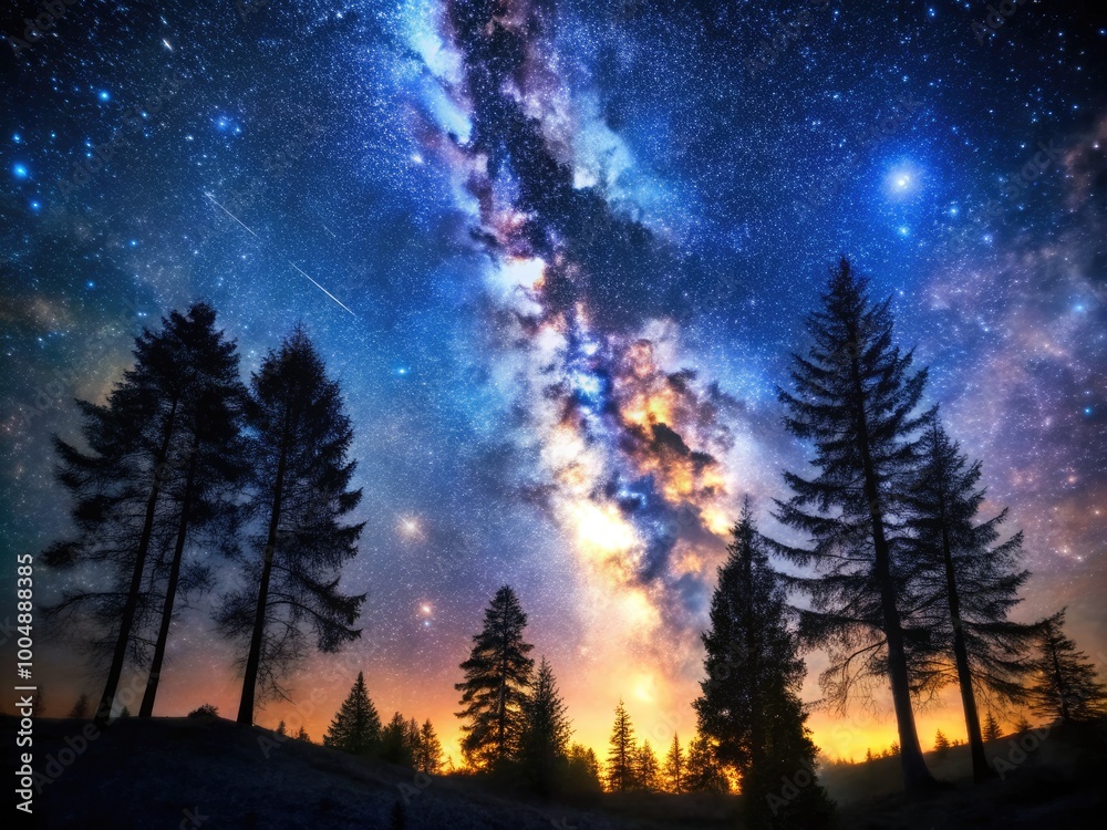 Silhouetted Trees Against a Starry Night Sky with a Beautiful Display of Celestial Bodies Above Silhouetted Trees Against a Starry Night Sky with a Beautiful Display of Celestial Bodies Above