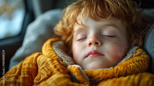 Close-up of a sleeping toddler in a car seat, back of the car, depicted in realistic HD