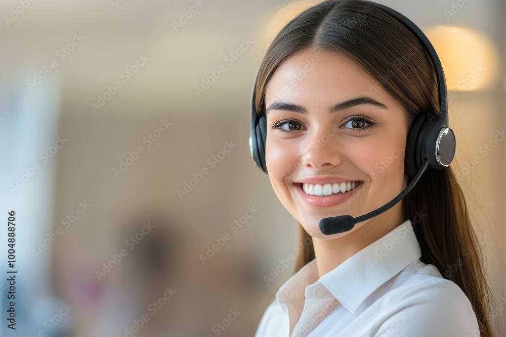 Smiling female customer service representative wearing a headset in a modern office. Smiling female customer service representative wearing a headset in a modern office.