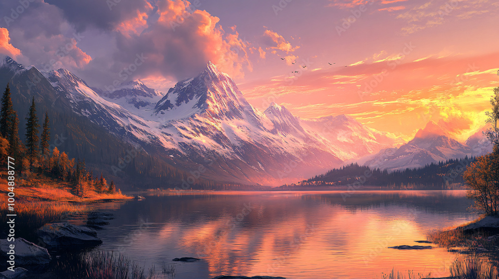 Fototapeta premium A calm lake surrounded by snow-capped mountains at sunset.