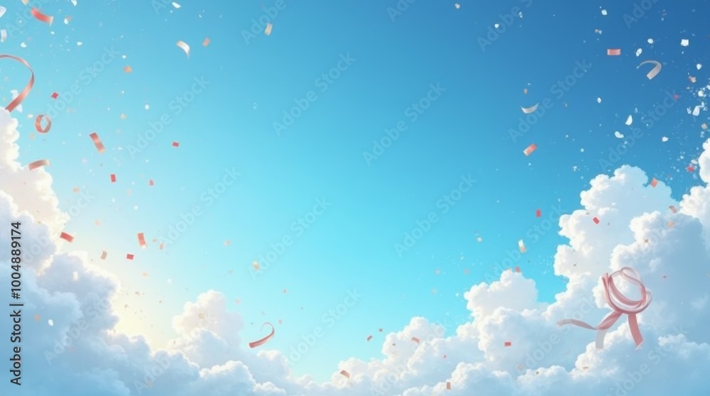 Festive background banner with a beautiful blue sky filled with small clouds and celebration ribbon flying in the air and stunning light Festive background banner with a beautiful blue sky filled with small clouds and celebration ribbon flying in the air and stunning light