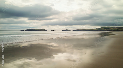  A calm beach with gentle waves and a cloudy sky. 
