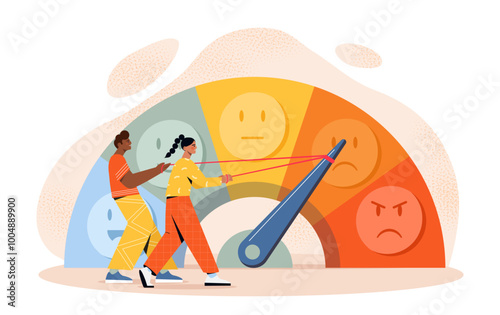People with stress level. Man and woman near indicator with emotions. Mental and psychological health. Assessing emotions and feelings. Awareness and mindfulness. Flat vector illustration