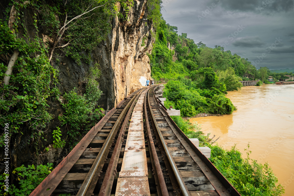 Fototapeta premium Beautiful landscape of the Death Railway across the River Kwai and Krasae Cave, Kanchanaburi Province, important places and important tourist attractions. and made history of World War 2