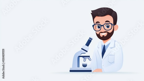 A man in a lab coat is smiling and holding a microscope