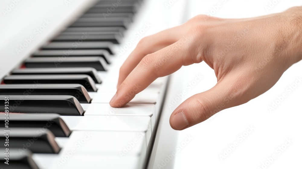 Obraz premium A hand is playing a piano with the white keys