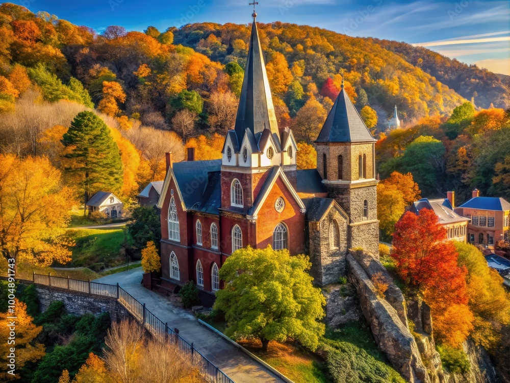 St Peters Catholic Church Surrounded by Autumn Colors in Harpers Ferry West Virginia USA Scenic View St Peters Catholic Church Surrounded by Autumn Colors in Harpers Ferry West Virginia USA Scenic View