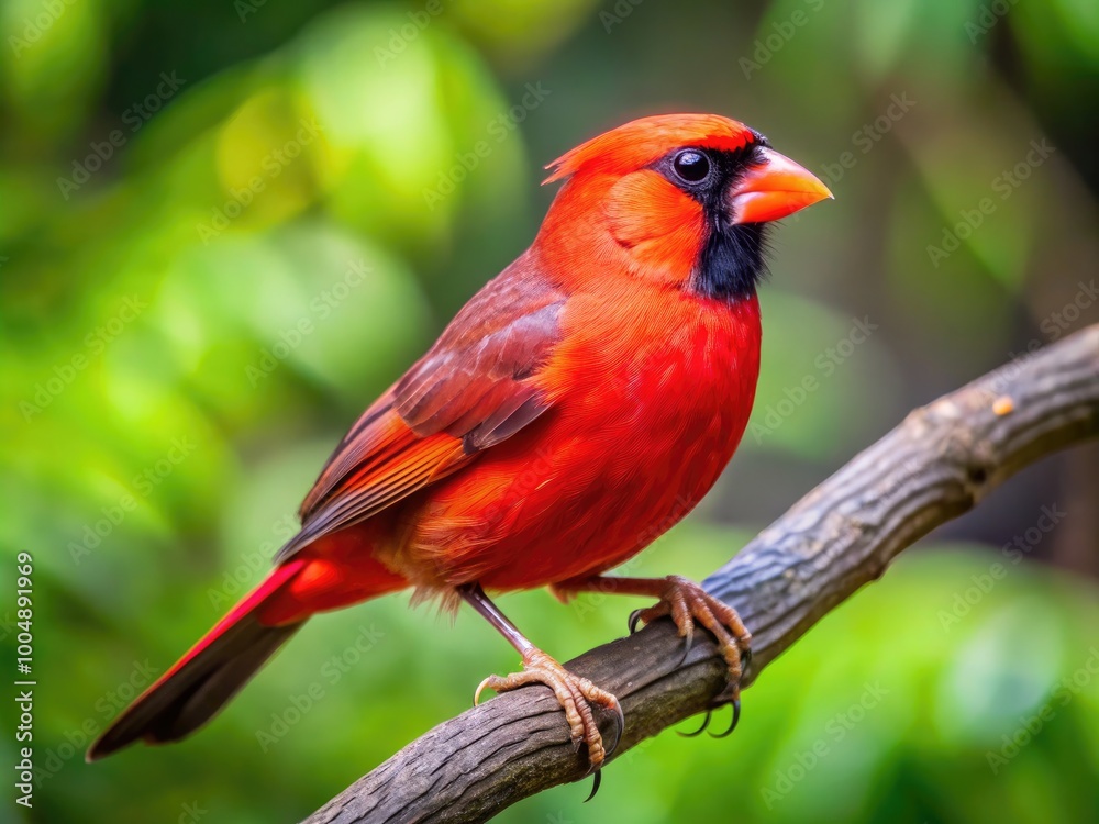 Striking Red Bird with Black Wings Perched on a Branch in a Natural Outdoor Environment Striking Red Bird with Black Wings Perched on a Branch in a Natural Outdoor Environment