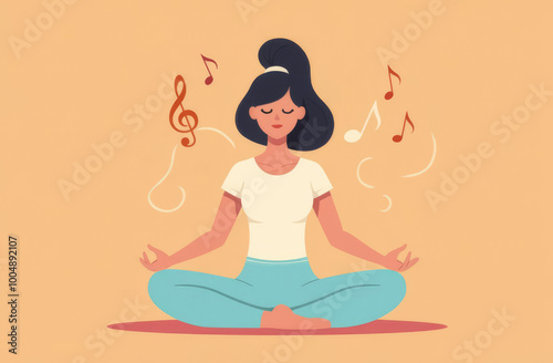 Woman sits in yoga pose and meditates to music photo