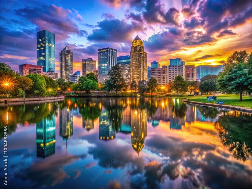 Fototapeta premium Stunning Charlotte NC Skyline at Dusk with Colorful Lights and Reflections on the Water Surface