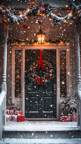 Xmas mood: beautiful christmas wreath with bows and ribbons, ornaments and gingerbread cookies. Vertical banner for instagram story, reel or tiktok photo