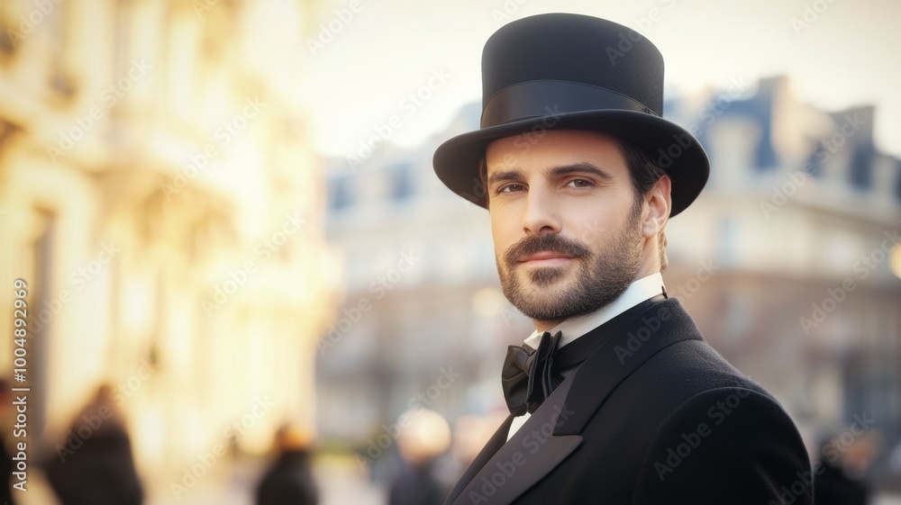 A man in a black hat and suit is standing in front of a building A man in a black hat and suit is standing in front of a building