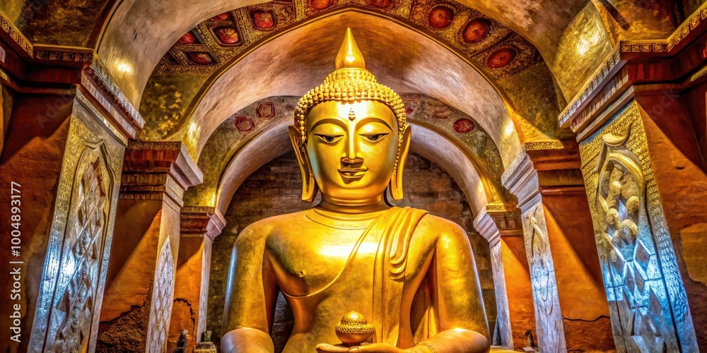Fototapeta premium Stunning Golden Buddha Statue Inside Ancient Temple in Bagan Myanmar Surrounded by Rich History