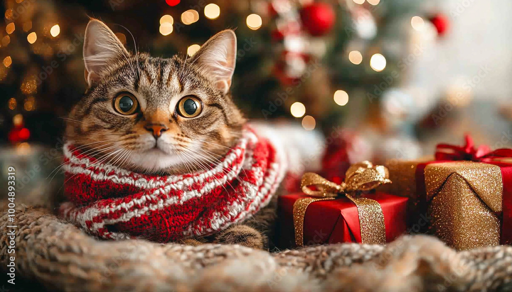Beautiful white kitten with red bow, sits under a Christmas tree, eyes sparkling with curiosity