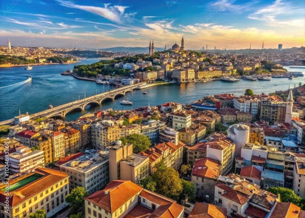 Fototapeta premium Stunning Istanbul Cityscape from Galata Tower Overlooking Bosphorus in a Captivating 4K Video Clip