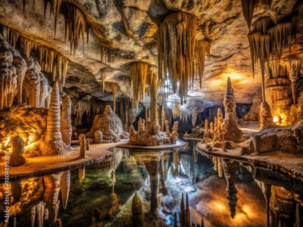 Fototapeta premium Stunning Interior of Ancient Dark Cave with Stalactites in Grotte di Is Zuddas, Sardinia, Italy