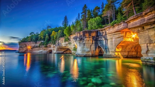 Stunning Landscape of Pictured Rocks National Lakeshore with Colorful Cliffs and Crystal Clear Water photo