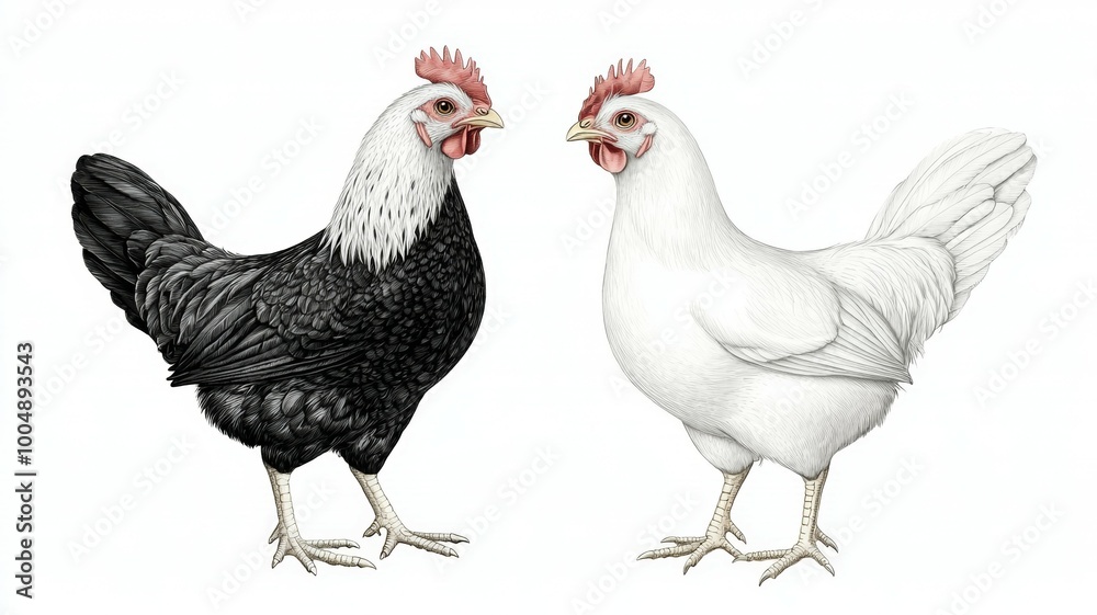 Fototapeta premium Two chickens, one black and one white, standing next to each other