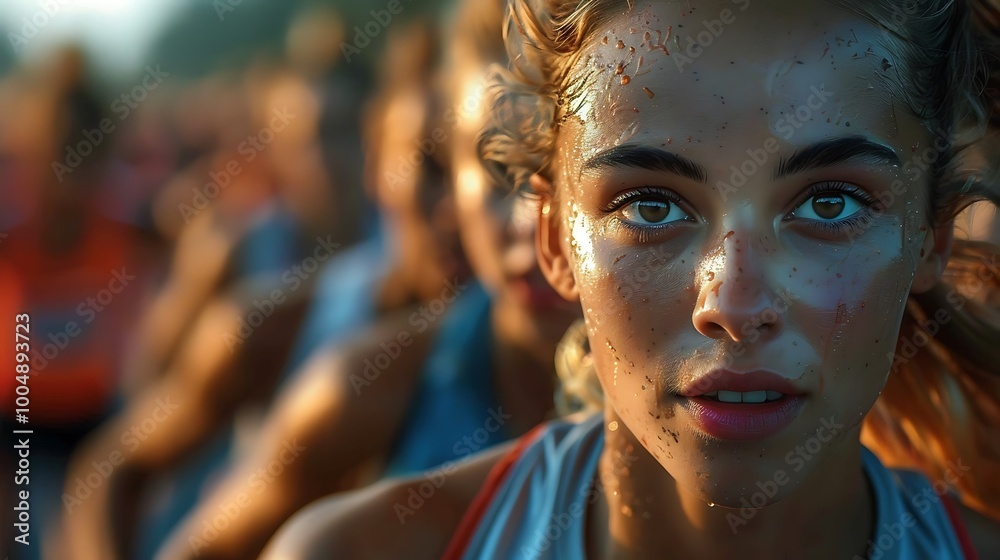 Group of athletes engaging in training exercises on a track, depicted in realistic HD Group of athletes engaging in training exercises on a track, depicted in realistic HD