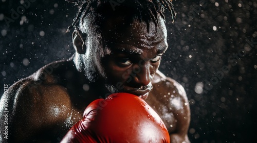 A close-up portrait of a determined boxer with a red boxing glove, sweat dripping from his face.