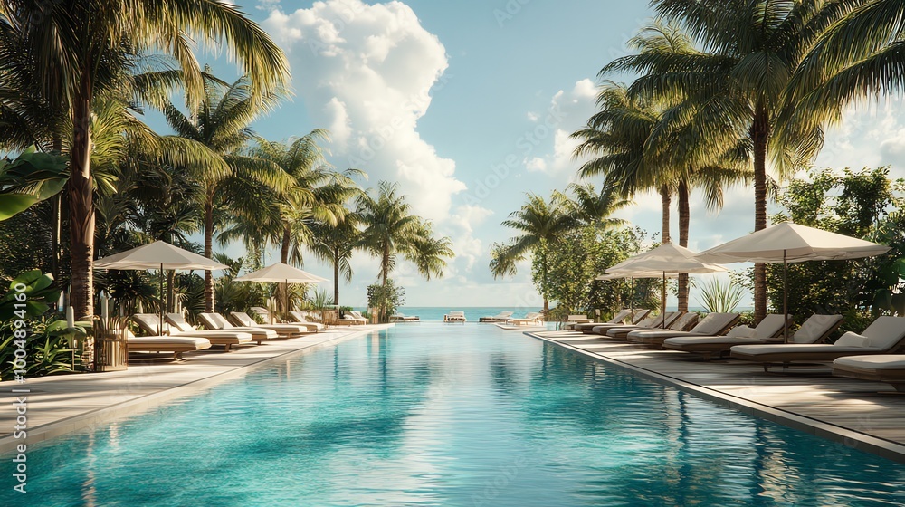 Tranquil resort pool surrounded by palm trees. Tranquil resort pool surrounded by palm trees.