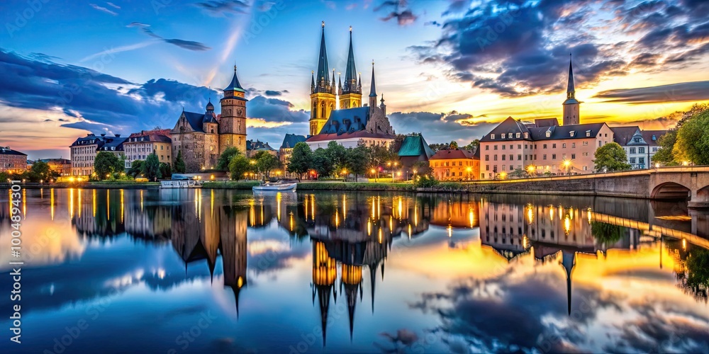 Obraz premium Stunning Skyline of Hndelstadt Halle an der Saale at Dusk with Glowing City Lights and Reflections