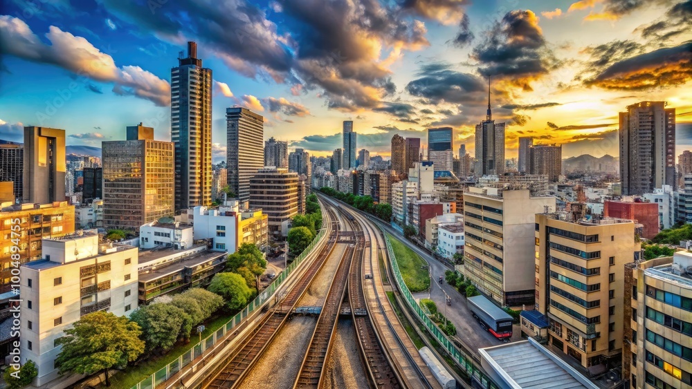Fototapeta premium Stunning Timelapse Panorama Cityscape of Osaka Near Railway in Wide Shot with Tilt Perspective