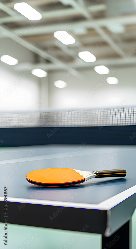 A table tennis racket lies on the corner of a tennis table, close-up, in a bright white-lit gymnasium. The concept of playing table tennis. A table tennis racket lies on the corner of a tennis table, close-up, in a bright white-lit gymnasium. The concept of playing table tennis.