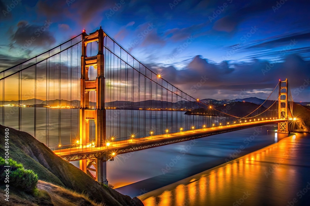 Fototapeta premium Stunning View of Golden Gate Bridge Illuminated by Night Lights Against a Dark Sky in San Francisco