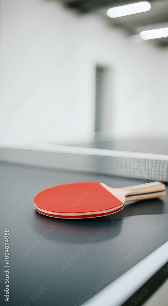 A table tennis racket lies on the corner of a tennis table, close-up, in a bright white-lit gymnasium. The concept of playing table tennis. A table tennis racket lies on the corner of a tennis table, close-up, in a bright white-lit gymnasium. The concept of playing table tennis.