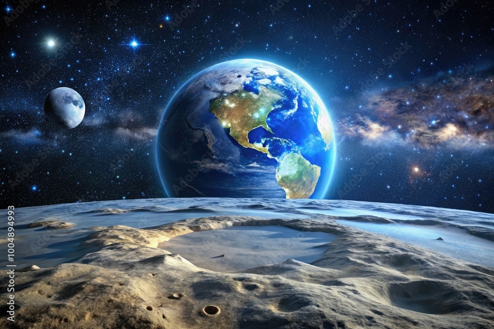 Stunning View of Earth from the Moon's Surface with Stars and Space in the Background at Night Stunning View of Earth from the Moon's Surface with Stars and Space in the Background at Night
