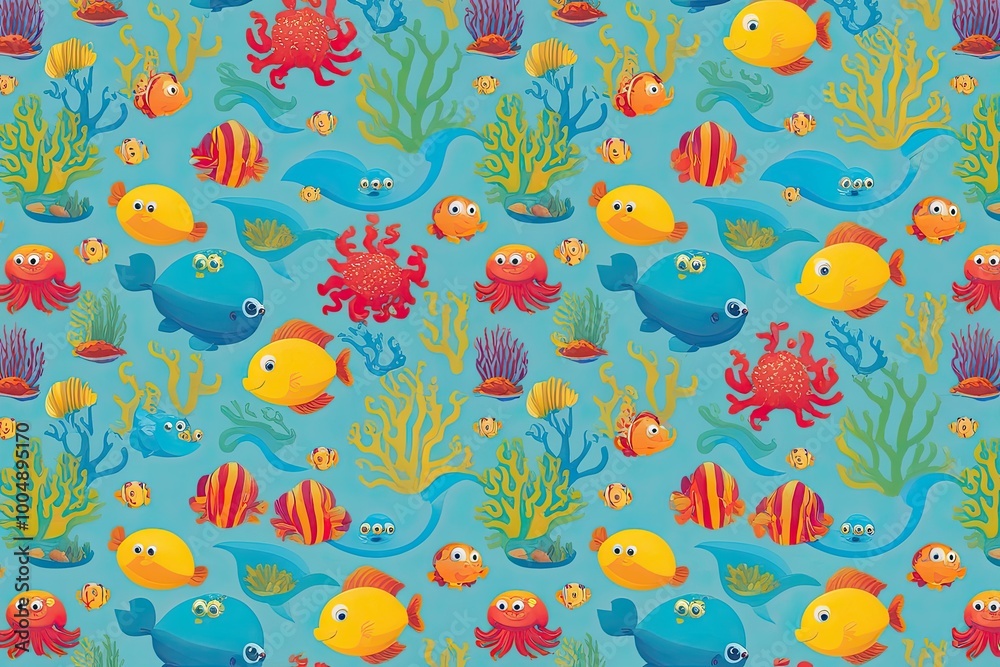 Naklejka premium Vibrant Bright Cartoon Aquatic Sea Life Pattern for Kids' Playful Backdrop