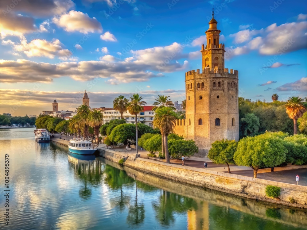 Naklejka premium Stunning view of Torre del Oro, an iconic tower in Seville, Spain, overlooking the Guadalquivir River