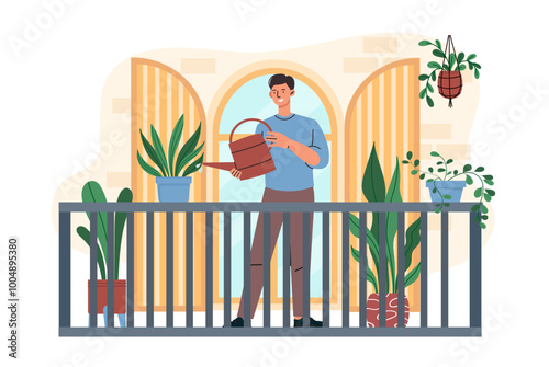 Man with balcony gardening. Young guy waters tropical leaves in flower pots. Horticulture and botany. Comfort and coziness at home. Flat vector illustration isolated on white background