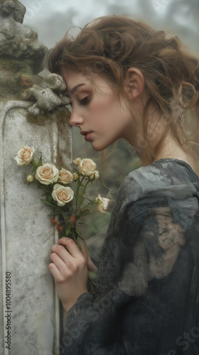 Sad young woman leans against an old headstone