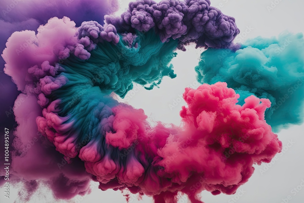 A Striking Dye Cloud Forming an Artistic Shape with Purple, Teal, and Magenta Colors A Striking Dye Cloud Forming an Artistic Shape with Purple, Teal, and Magenta Colors