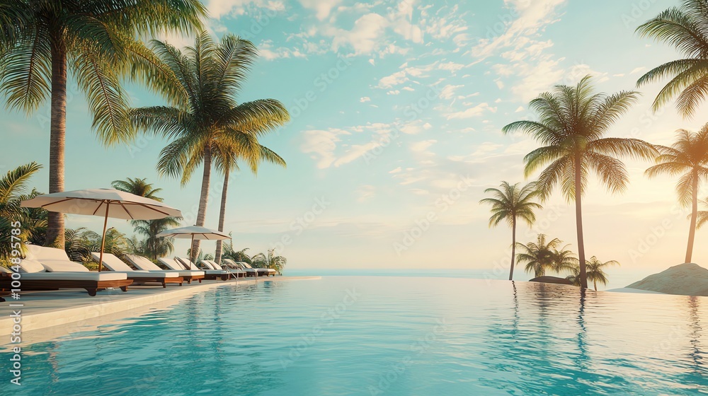 Tropical resort pool with palm trees and lounge chairs. Tropical resort pool with palm trees and lounge chairs.