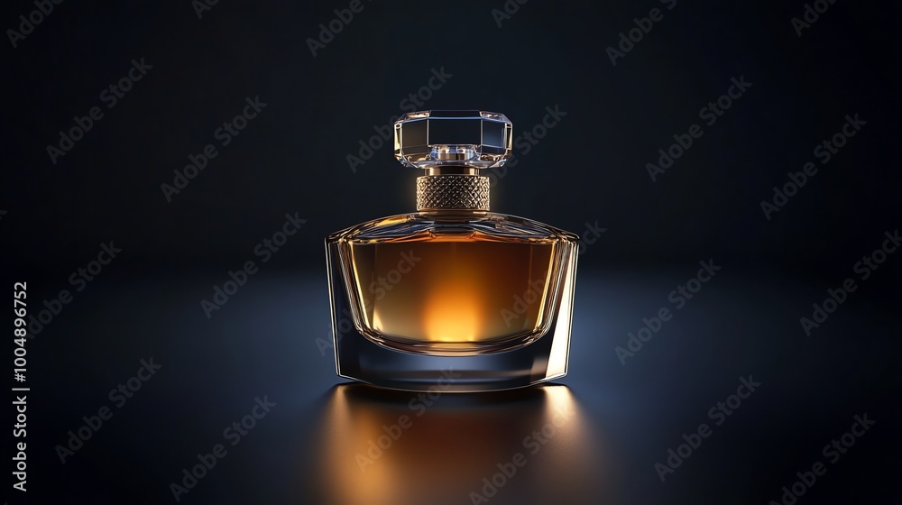 A bottle of perfume with gold accents on a dark background. A bottle of perfume with gold accents on a dark background.