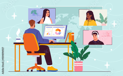 People with video meeting. Man communicates with girls and guys on Internet. Video conference and call. Communication and interaction. Flat vector illustration isolated on blue background
