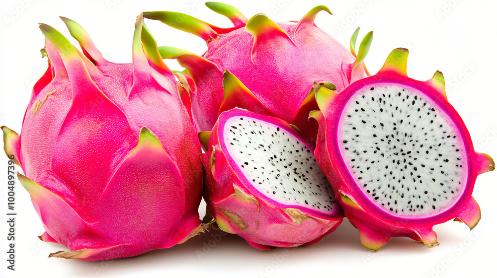A bright, juicy dragon fruit with its striking pink skin and speckled white flesh. A bright, juicy dragon fruit with its striking pink skin and speckled white flesh.