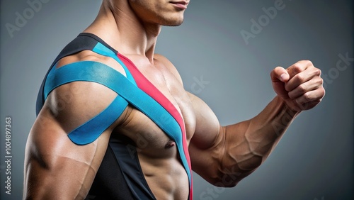 Therapeutic kinesiology tape applied on athlete's arm for muscle support and injury prevention therapy photo